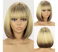 WERD Short Blonde Bob Wig for Women Light Brown Bob Wigs with Bangs mixed Blonde Highlights Wigs for Daily Use Cosplay