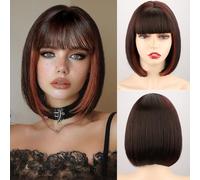 WERD Short Bob Brown Wig with Bangs Synthetic Hair for Women mixed Brown Orange Highlights Wigs for Cosplay Party Daily Halloween