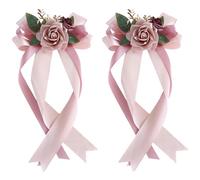 werdecade 2 Packs Decorative Flowers for Wedding Car Mirror,14 Inch Wedding Car Door Handle Bow Decorative Bouquet Supplier (Pink)