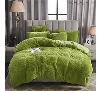 WERDIM Shaggy Fluffy Faux Fur Duvet Cover Set Button Closure Velvety Bedding Set Comforter Cover with Pillowcases Apple Green, King Size