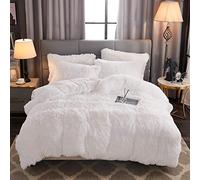 WERDIM Shaggy Fluffy Faux Fur Duvet Cover Set Button Closure Velvety Bedding Set Comforter Cover with Pillowcases White, King Size