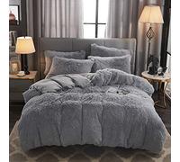 WERDIM Shaggy Fluffy Faux Fur Duvet Cover Set Button Closure Velvety Bedding Set Comforter Cover with Pillowcases Light Gray, King Size