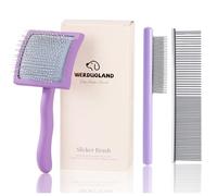 Werduoland Ergonomic Slicker Brush for Long-Haired Dogs--Wooden Handle, Long Pins with Coated Tips for Grooming Goldendoodles Poodles Purple