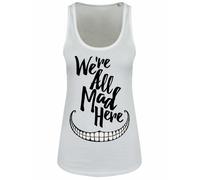We're All Mad Here, Ladies White Floaty Tank Top Vest, Crazy Disturbed Big Smile