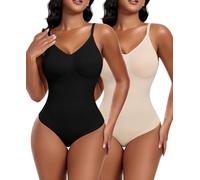 Werena Women's Shapewear Bodysuit Tummy Control Body Shaper Seamless Full Body Shapewear Vest Adjustable Scuplting Shaping Bodysuits (#B2 Thong - Black+Beige,S)