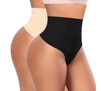 Werena Womens Thong Shapewear Tummy Control Knickers (Black+Beige,XXL)