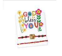 weRevel Rakhi Set of 2 for Brother - God Bless You Greeting Card with Enamel Floral Rakhi & Red Charm Thread Rakhi - Raksha Bandhan Rakhies Pack