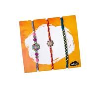weRevel Rakhi Set of 3 for Brother - Floral Motif Rakhi Combo with Colorful Beads, Twisted Thread & Golden Accents - Trendy Raksha Bandhan Set