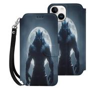 Werewolf And Moon Printed Leather Flip Wallet Phone Case Card Slots Compatible with iPhone 15 Series
