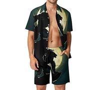 Werewolf Full Moon Men's Hawaiian Matching Set 2 Piece Outfits Button Down Shirts And Shorts For Beach Vacation