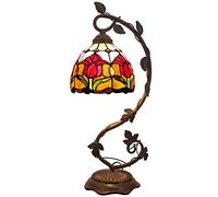 WERFACTORY Tiffany Lamp Red Stained Glass Tulip Table Lamp, Metal Leaf Base 8X10X21 Inches Reading Desk Light Decor Small Space Bedroom Home Office S030 Series