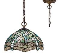 WERFACTORY Tiffany Pendant Light Fixture Sea Blue Stained Glass Dragonfly Hanging Lamp Wide 12 Inch Height 32 Inch S147 Series
