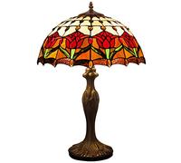 WERFACTORY Tiffany Table Lamp Red Stained Glass Tulip Lamp 16X16X24 Inches Desk Reading Light Metal Base Decor Bedroom Living Room Home Office S030 Series…