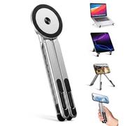 werfami 4-in-1 Foldable Laptop Stand & Magnetic Phone Holder, Silver Aerospace Aluminum Portable Desk Mount with N52 MagSafe Compatible Tripod Handle for MacBook Pro, iPad, Travel & Vlogging
