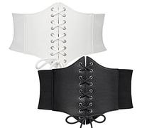 WERFORU 2 Pack Women Elastic Corset Belts Retro Wide Stretchy Tied Waspie Costume Waist Belt