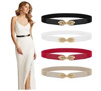 WERFORU 4 Pack Women Skinny Elastic Belts Ladies Fashion Stretchy Thin Waist Belt for Dresses Pants Black/White/Red/Beige