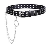 WERFORU Double Grommet Belt 2 Holes PU Leather Punk Belt with Detachable Chain Halloween Belt for Women Teens Girls Black