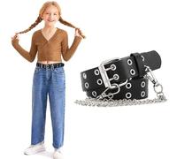 WERFORU Girls Belt with Chain Kids Double Grommet Punk Waist Belt with Detachable Chain for Jeans Pants Black 90 cm