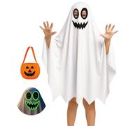 WERFORU Kids White Ghost Costumes with Pumpkin Basket Boo Ghost Cloak With Night Fluorescent for Spooky Halloween Cosplay