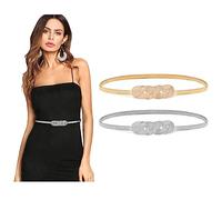 WERFORU Women Metal Skinny Belt for Dresses Elastic Thin Waist Belt Stretch Cinch Belt Gold+Silver