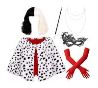 WERFORU Women's Cruella Deville Costume Dalmatian Shawl Scarf Black and White Wig Cosplay Outfit for Halloween