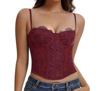 Werkiss Corset Women's Lace Bustier Corset Tops Tummy Control Crop Top Adjustable Straps Night Out Party Club Top with Buckle, wine red, XS