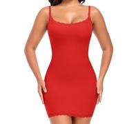 Werkiss Women's Full Slips Lace Petticoats for Under Dress Full Length Underskirts with Adjustable Spaghetti Straps Soft Nightdress(Red, 2XL)