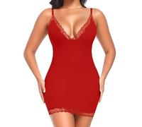 Werkiss Women's Full Slips Lace Petticoats for Under Dress Full Length Underskirts with Adjustable Spaghetti Straps Soft Nightdress(#2 Red(V-Neck), L)