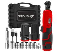 werktough Power Cordless Ratchet Wrench 3/8" Tool Kit with 2 Pack Li-ion Batteries with 6 Sockets, Extension Bar and 1 Type C USB Cable Red
