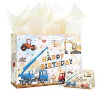 WERNNASI 13" Large Construction Truck Birthday Gift Bag - Engineering Vehicles Gift Bags with Tissue Paper and Greeting Card for Boys, Construction Kids Birthday Party, Baby Boy, Baby Shower, Newborn