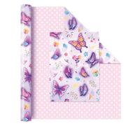 WERNNSAI 1 Roll Butterfly Wrapping Paper 43cm x 10m Purple Gift Wrap | Purple Floral Butterfly Gift Wrap Reversible Pink Present Packing Paper for Girls Women Birthday Wedding Bridal Shower