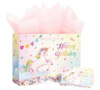 WERNNSAI 13" Large Unicorn Gift Bag for Girls Baby Girl Birthday Bag with Tissue Paper and Card for Kids Pink Unicorn Baby Shower Happy Birthday Theme Party