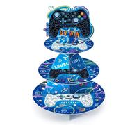 WERNNSAI 3-Tier Video Game Cupcake Stand - Reusable Birthday Party Decorations for Kids Boys, Cardboard Cake Stand Holder, Round Serving Tray, Dessert Tower, Gaming Theme Supplies