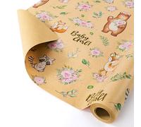 WERNNSAI Baby Kraft Wrapping Paper Roll - 1 Roll 43.2cm x 10m Baby Girl Wrapping Paper Floral Animals Kraft Gift Wrap Decoration Fox Bear Cute Wrap Paper New Baby Shower Newborn Girl Birthday