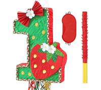 WERNNSAI Birthday Pinata - 1st Year Strawberry Birthday Pinata Girl Baby Birth Strawberry Pinata with Eye Mask Rod Tassel Drawstring Birthday Party Baby Birth Baby Christening Party Decoration