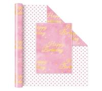 WERNNSAI Birthday Wrapping Paper - 1 Roll 43 cm x 10 m Pink Gift Wrapping Paper with Golden Foil Design for Girls Women Birthday Reversible Polka Dot Pattern Gift Decoration Party Supplies