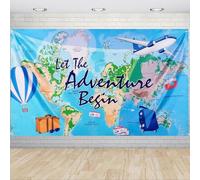 WERNNSAI Bon Voyage Party Backdrop - 73'' X 43'' Travel Themed Birthday Party Decorations Adventure Awaits Around The World Photo Background Adventure Time Banner Classroom Graduation Going Away Decor