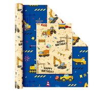 WERNNSAI Construction Wrapping Paper Roll - 1 Roll 43,2cm x 10m Construction Gift Wrapping Paper for Kids Boys Birthday Wrapping Paper Funny Party Wrap Decor Supply Favor, Reversible Yellow & Blue