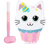 WERNNSAI Cupcake Kitten Pinata - Pink Cat Party Decorations Cupcake Cat Pinata with Blindfold and Stick for Sweet Birthday Decorations Candy Land Animal Party Celebration Carnival Supplies