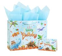 WERNNSAI Dinosaur Birthday Bag - 13" Large Happy Birthday Gift Bags with Wrapping Tissue Paper and Greeting Card for Boys Girls and Kids Dino Party Supplies Baby Showers