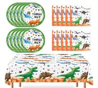 WERNNSAI Dinosaur Party Supplies - 33 PCS Dinosaur 3rd Birthday Party Tableware Bundles for Boys Kids Three Rex Disposable Plates Tablecloth and Napkins Dino Theme Party Decorations Serves 16 Guests
