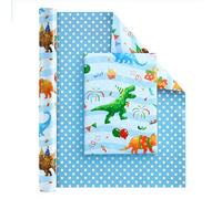 WERNNSAI Dinosaur Wrapping Paper - 1 Roll Dinosaur Birthday Wrapping Paper Boys Birthday Gift Wrap Kids Dino Present Favor Decoration Blue Polka Dot Design 43.2cm x 10m