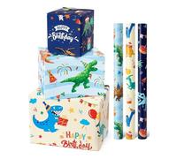 WERNNSAI Dinosaur Wrapping Paper - 3 Rolls Boys Birthday Wrapping Paper Kids Boys Dinosaur Birthday Gift Wrap Roll Blue Boys Party Favor Decor with Cutting Lines 43cm x 305cm