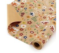 WERNNSAI Floral Kraft Wrapping Paper Roll - 1 Roll 17”x 33 ft Flower Bouquet Wrap Favor Brown Gift Wrap Paper Kids Adults Wildflower Decorative Art Supplies for Wedding Spring