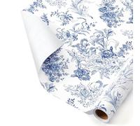 WERNNSAI Floral Wrapping Paper Roll - 1 Roll Blue Flower Wrapping Paper Vintage Floral Gift Wrap with Cut Lines for Women Girls Birthday Gift Decor Wedding Bridal Shower Mothers Day 43 cm x 10 m