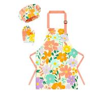WERNNSAI Flower Children's Apron Set - Waterproof Cooking Apron for Children Girls with Adjustable Strap Pocket Chef's Hat and Mittens for Baking Cooking Party (Small, 6-10 Years)
