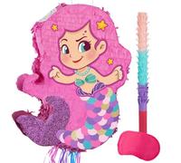 WERNNSAI Foldable Mermaid Pinata - Pull String Mermaid Birthday Party Supplies Extendable Mermaid with Blindfold Bat and Tassels Mermaid Party Decoration Folding Mermaid Girl Piñatas for Game