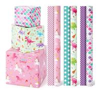 WERNNSAI Girl Birthday Wrapping Paper Rolls - 3 Rolls 17” x 120” Happy Birthday Wrapping Paper Girl Pink Gift Wrapping Paper Baby Girl Princess Party Decor Favor Dinosaur Unicorn Mermaid Designs