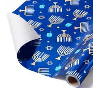 WERNNSAI Hanukkah Wrapping Paper - 1 Roll 17” x 33 ft Happy Hanukkah Gift Wrapping Blue Star of David Candles Menorahs Chanukah Wrap Jewish Festival Gift Decoration Blue Gold Metallic Foil Design