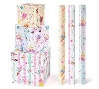 WERNNSAI Ice Cream Wrapping Paper Rolls - 3 Short Rolls Birthday Wrapping Paper Rolls, Pink Ice Cream Wrapping Paper, Kids Wrapping Paper Rolls, Summer Wrapping Paper with Cut Lines, 17" x
